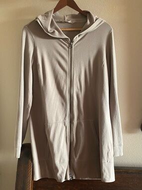 Eileen Fisher Taupe Organic Cotton Zip Hoodie Jacket